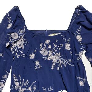 Smocked Blue Floral Embroidered Mini Dress with Puffed Sleeves- Altar'd State